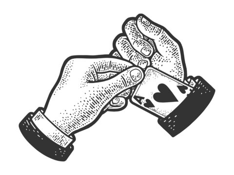Card sharp cheater with ace card in the sleeve sketch engraving vector illustration. T-shirt apparel print design. Scratch board imitation. Black and white hand drawn image.
