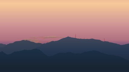 Illustration of mountains at dusk and towers