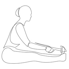 Continuous line drawing of woman doing yoga in Seated forward pose with a strap. Stretching body concept. Paschimotanasana vector illustration