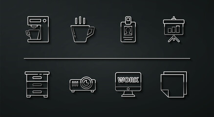 Set line Coffee machine, Drawer with documents, Chalkboard diagram, Monitor text work, Movie, film, media projector, cup, Post note stickers and Identification badge icon. Vector