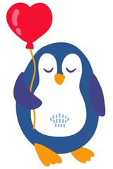 Cute hand-drawn penguin with a ball of hearts. White background, isolate. Vector illustration.