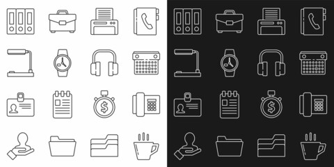 Set line Coffee cup, Telephone, Calendar, Printer, Wrist watch, Table lamp, Office folders and Headphones icon. Vector