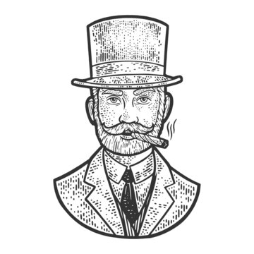 gentleman with top hat and cigar sketch engraving vector illustration. T-shirt apparel print design. Scratch board imitation. Black and white hand drawn image.