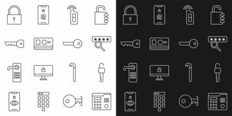 Set line House intercom system, Unlocked key, Password protection, Car with remote, Key card, Lock and icon. Vector