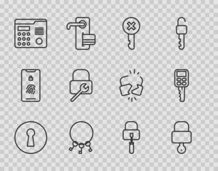 Set line Keyhole, Lock and key, Wrong, Bunch of keys, House intercom system, repair, picks for lock picking and Car with remote icon. Vector
