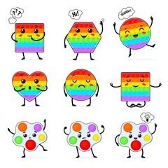 Pop it fidget characters. Poppit fidgets Cute funny sensory toy set, cartoon kawaii game, simple dimple jump, doodle bubble emotions personage illustrations, neat vector set - obrazy, fototapety, plakaty