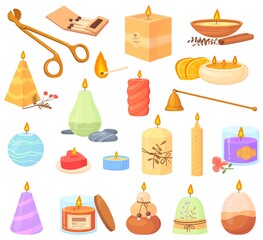 Cartoon aromatic candles. Romantic candle in jar, aroma therapy, home decoration, candlelight spa relax, wax with burning wick