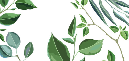 Card or background with branches and green leaves. Spring or summer stylized foliage.