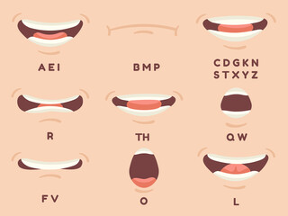 Talking mouth animation. Cartoon talk lip expersions, sync movement, Accent and pronunciation speak, human character mouthes pose smile letter