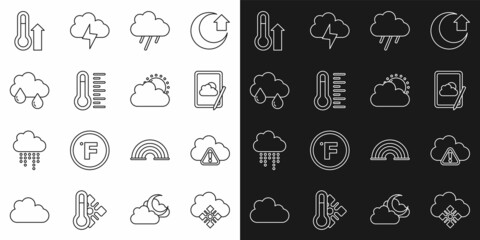 Set line Cloud with snow, Storm warning, Weather forecast, rain, Meteorology thermometer, and Sun and cloud weather icon. Vector