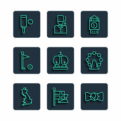 Set line England map, flag on flagpole, Bow tie, Big Ben tower, British crown, Golf, Wood cricket bat ball and London eye icon. Vector