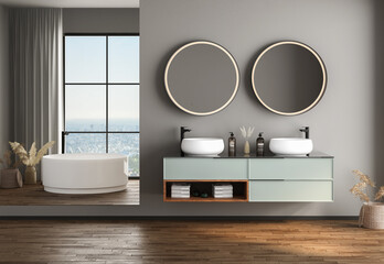 Fototapeta na wymiar Modern bathroom interior with dark brown parquet floor, white oval bathtub and two sinks, front view. Minimalist bathroom with modern furniture and city view. 3D rendering