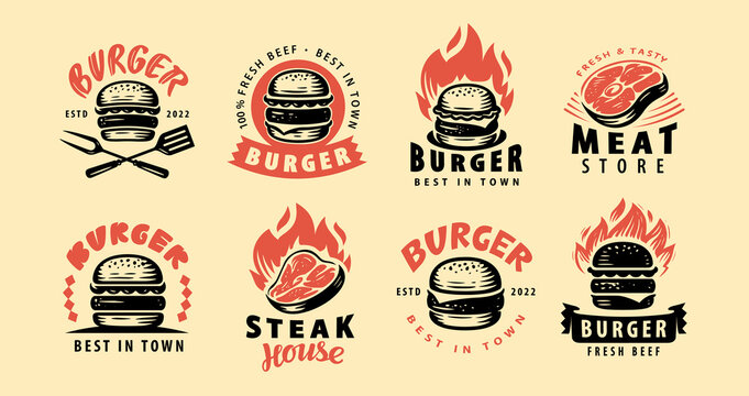 Set of steak, burger emblems with lettering. Design elements for logo, label, emblem, sign