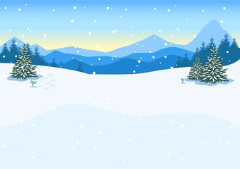 Winter landscape with mountains, snowfall and fir trees. Flat vector illustration background.