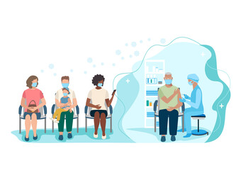 A nurse injects an antivirus vaccine into an elderly man. Patients are waiting in line to get vaccinated. Vaccination time. Vector illustration. Prevention of viral infection.
