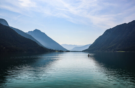 Tranquil Scenery of Lake Achen in Tyrol. Beautiful View of Achensee with Mountains in Austria Nature.