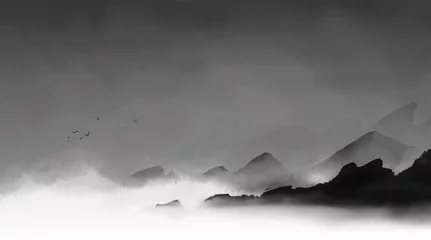Foto op Canvas Black misty rocks in stormy sea and flock of birds in dark sky. Traditional oriental ink painting sumi-e, u-sin, go-hua. © elinacious