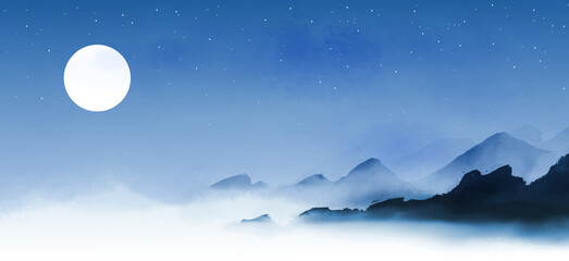 Misty blue seaside mountains and night sky. Traditional oriental ink painting sumi-e, u-sin, go-hua.