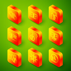 Set line Chain link, Cryptocurrency bitcoin, Lock with, Credit card, Bitcoin, circuit, Pie chart infographic and Blockchain technology icon. Vector