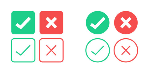 Check mark and Deny icons. Green tick and red cross icon. Square check marks. Rounded checkmark symbols. True and false icon, correct, false, right and wrong, done, complete concepts