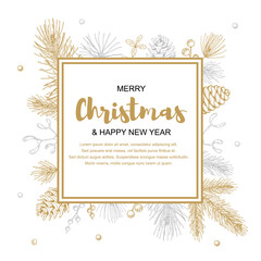 Merry Christmas and happy New Year greeting card with floral elements. Hand drawn vector illustration