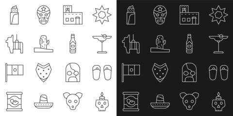 Set line Burning candle on a skull, Flip flops, Margarita cocktail, Mexican house, Cactus, Pinata, Burrito and Tabasco sauce icon. Vector