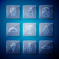 Set line Corn, Mexican guitar, Mustache, wrestler, Margarita cocktail, Taco with tortilla, and Avocado icon. Vector