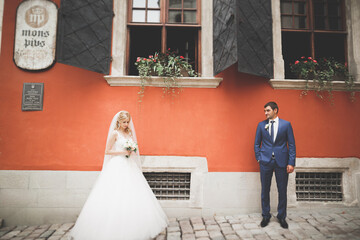 Gorgeous wedding couple walking in the old city of Lviv