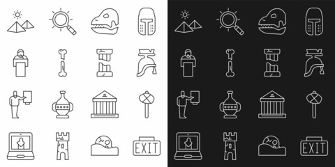 Set line Exit sign, Stone age hammer, Roman army helmet, Dinosaur skull, Human broken bone, Gives lecture, Egypt pyramids and Broken ancient column icon. Vector