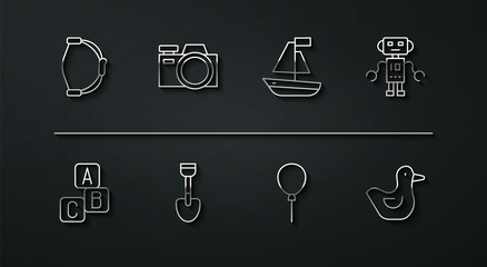 Set line Bow toy, ABC blocks, Robot, Balloons with ribbon, Shovel, Photo camera, Rubber duck and Toy boat icon. Vector