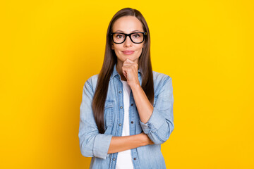 Photo of nice young ceo lady hand face wear eyewear jeans shirt isolated over yellow color background