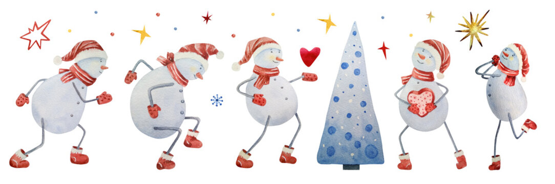 Watercolor set of five Christmas snowmen. Cute illustration with fabulous funny characters in different poses, a Christmas tree, stars and gifts. Hand-drawn characters isolated on a white background