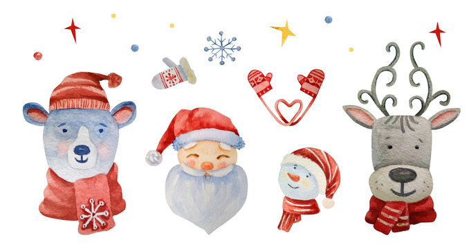 Watercolor Christmas set. Santa Claus, snowman, reindeer, polar bear. Cute illustration with fabulous funny characters, stars, sweets and gifts. Hand-drawn characters isolated on a white background