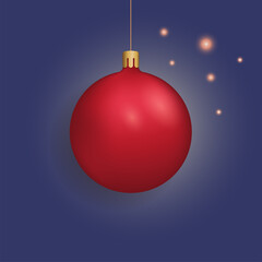 Christmas red bauble ball hanging on a ribbon isolated on blue, vector illustration. Christmas tree toy