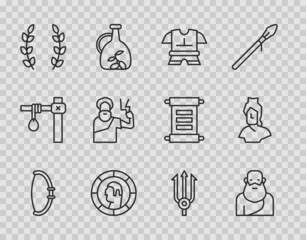 Set line Medieval bow, Socrates, Body armor, Ancient Greek coin, Laurel wreath, Zeus, Neptune Trident and bust sculpture icon. Vector