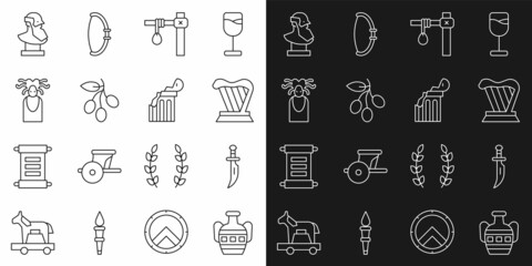 Set line Ancient amphorae, Dagger, Harp, Gallows, Olives branch, Medusa Gorgon, bust sculpture and Broken ancient column icon. Vector