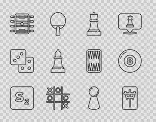 Set line Bingo, Mahjong pieces, Chess, Tic tac toe game, Hockey table, Chip for board and Billiard pool snooker ball icon. Vector