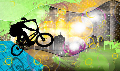 Graphic drawing of a cyclist against the background of abstraction and urban environment