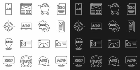 Set line Advertising, Browser window, Shopping cart and dollar, Target sport, and Social media marketing icon. Vector