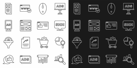 Set line Magnifying glass and analysis, Social media marketing, Computer mouse, Browser window, Advertising, and icon. Vector