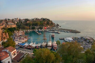Fototapeta premium Antalya Boat Town Port Beach Ship Turkey Antalya