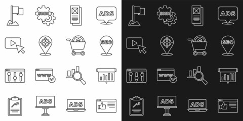 Set line Browser window, Board with graph chart, SEO optimization, Target sport, Advertising, Location marker and Shopping cart and dollar icon. Vector