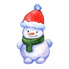 Cute snowman in a hat and scarf hand-drawn in watercolor and isolated on a white background