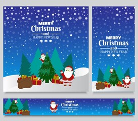 Merry Christmas and happy new year concept, decorated tree with gifts, Santa , Vector vintage illustration.