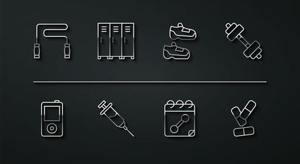Set line Jump rope, Music player, Dumbbell, Calendar fitness, Doping syringe, Locker or changing room, Vitamin pill and Sport sneakers icon. Vector