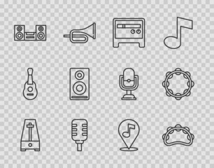Set line Metronome with pendulum, Tambourine, Guitar amplifier, Microphone, Home stereo, Stereo speaker, Location musical note and icon. Vector © Kostiantyn