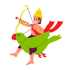 Indian god Kamadeva in golden robes with bow on green parrot. Indian cupid kamadeva cartoon style vector illustration for valentine's day card or poster