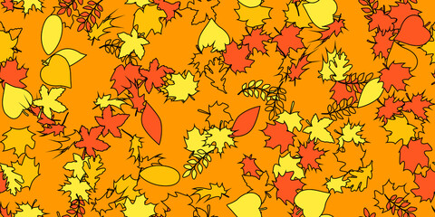 Vector background with red, orange and yellow falling autumn leaves. Abstract seamless pattern from different leafs. Vector illustration on orange background