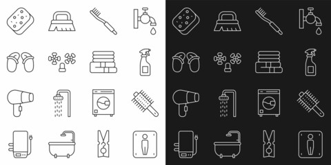 Set line Male toilet, Hairbrush, Cleaning spray bottle, Toothbrush, Water tap, Flip flops, Sponge and Towel stack icon. Vector