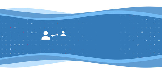 Blue wavy banner with a white social distance symbol on the left. On the background there are small white shapes, some are highlighted in red. There is an empty space for text on the right side